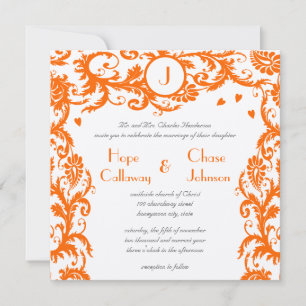 Orange Damask Monogram Wedding Einladung