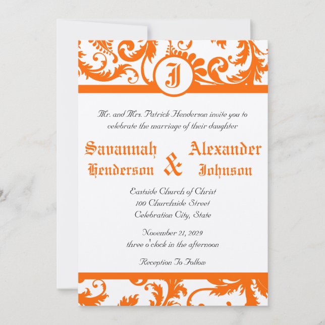 Orange Damask Monogram Wedding Einladung (Vorderseite)