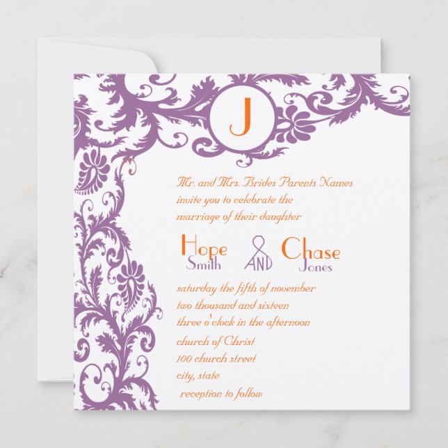 Orange Damask Monogram Wedding Einladung (Vorderseite)