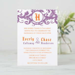 Orange Damask Monogram Wedding Einladung