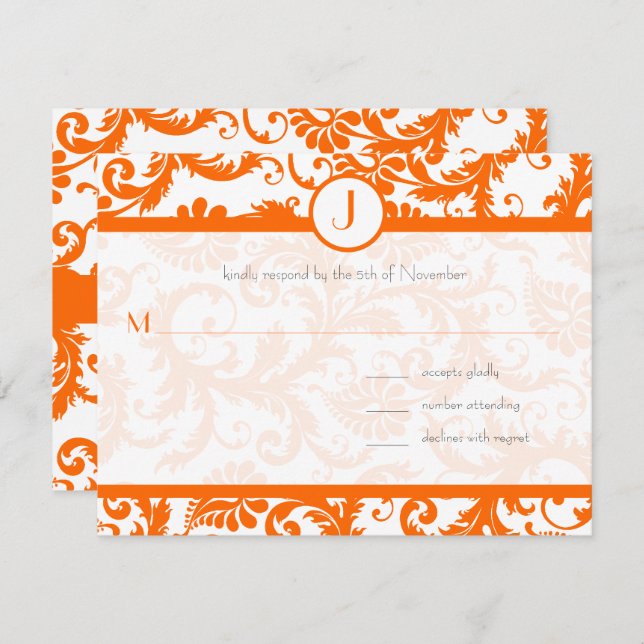 Orange Damask Monogram Wedding Einladung (Vorne/Hinten)