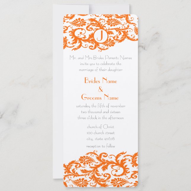 Orange Damask Monogram Wedding Einladung (Vorderseite)