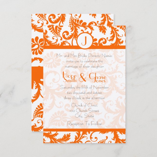 Orange Damask Monogram WeddingRSVP Einladung (Vorne/Hinten)