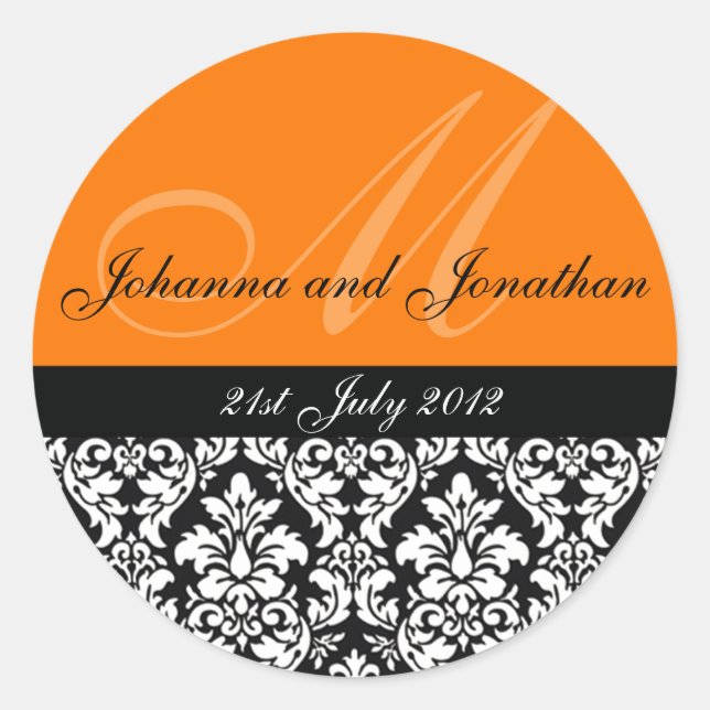 Orange Damask Monogram Wedger Stickers (Vorderseite)