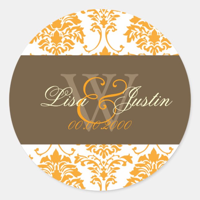 Orange Damask Monogramm Hochzeitsticker Runder Aufkleber (Vorderseite)