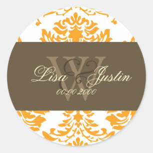 Orange Damask Monogramm Hochzeitsticker Runder Aufkleber