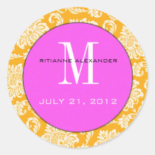 Orange Damask Pink Monogram Wedding Sticker