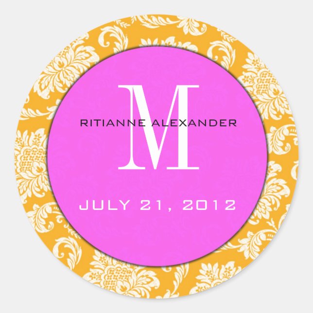 Orange Damask Pink Monogram Wedding Sticker (Vorderseite)