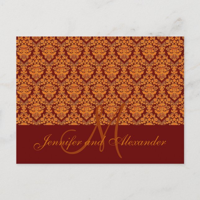 Orange Damasl Hochzeit im Herbst Save the Date Pos Ankündigungspostkarte (Vorderseite)