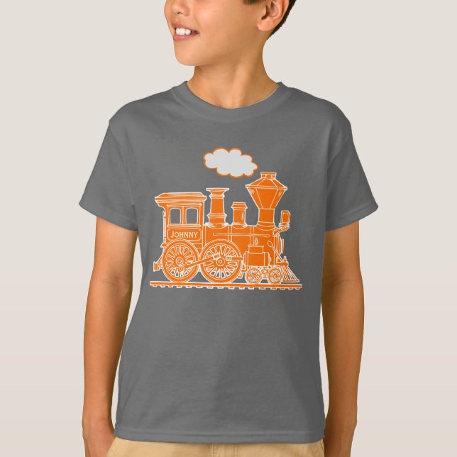 Orange Dampf Loco-Zug-individueller Name scherzt T T-Shirt (Vorderseite)