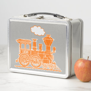 Orange Dampf-Lok-Zug Kinder Name Lunchbox