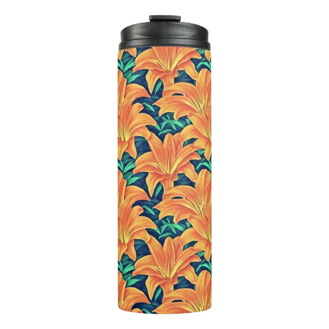 Orange Day Lilies mit grünen Blätter Thermosbecher (Vorderseite)
