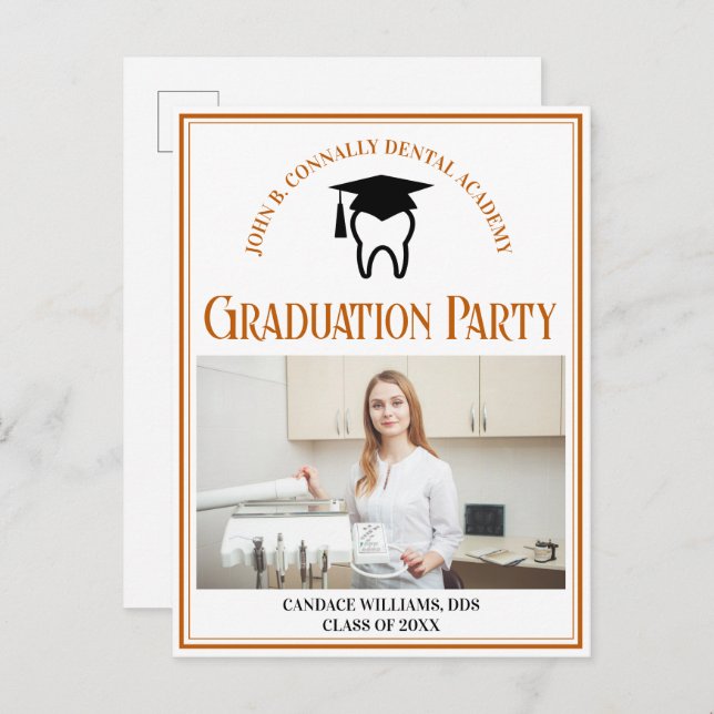 Orange Dental School Foto Custom Graduation Party Einladungspostkarte (Vorne/Hinten)