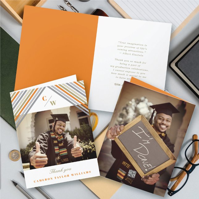 Orange Diagonal Stripes Foto Moderner Abschluss Dankeskarte (Orange Diagonal Stripes Monogram, Photo Modern Graduation Thank You Card @ zazzle.com/color_therapy)