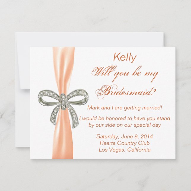Orange Diamond Bow Wedding Bridesmaid Card Einladung (Vorderseite)