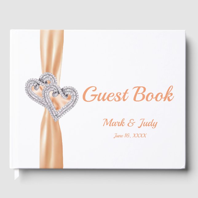 Orange Diamond Hearts Wedding Guestbook Gästebuch (Vorderseite)
