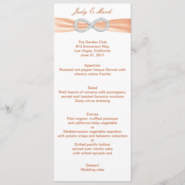 Orange Diamond Infinity Wedding Menu Card Menükarte (Vorderseite)