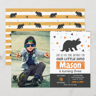 Orange Dino Geburtstagsparty Einladung mit Foto