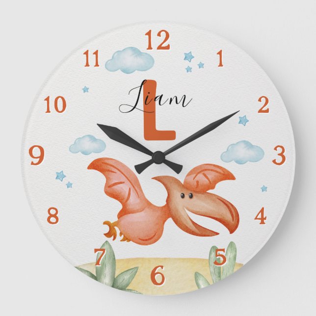Orange Dinosaur Nursery Wall Clock Personalized Große Wanduhr (Vorderseite)