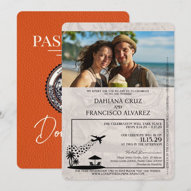 Orange Dominikanische Republik Passport Wedding Einladung (Vorne/Hinten)