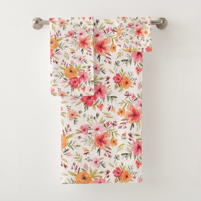 Orange Doodle Garden Blume Pattern Badhandtuch Set (Insitu)