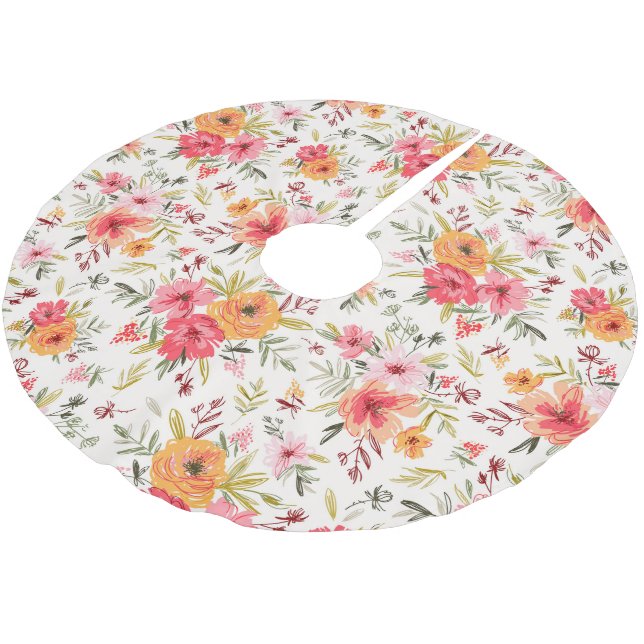 Orange Doodle Garden Blume Pattern Polyester Weihnachtsbaumdecke (Schrägansicht)