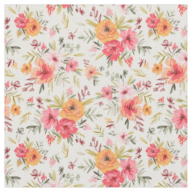 Orange Doodle Garden Blume Pattern Stoff (Nahaufnahme)