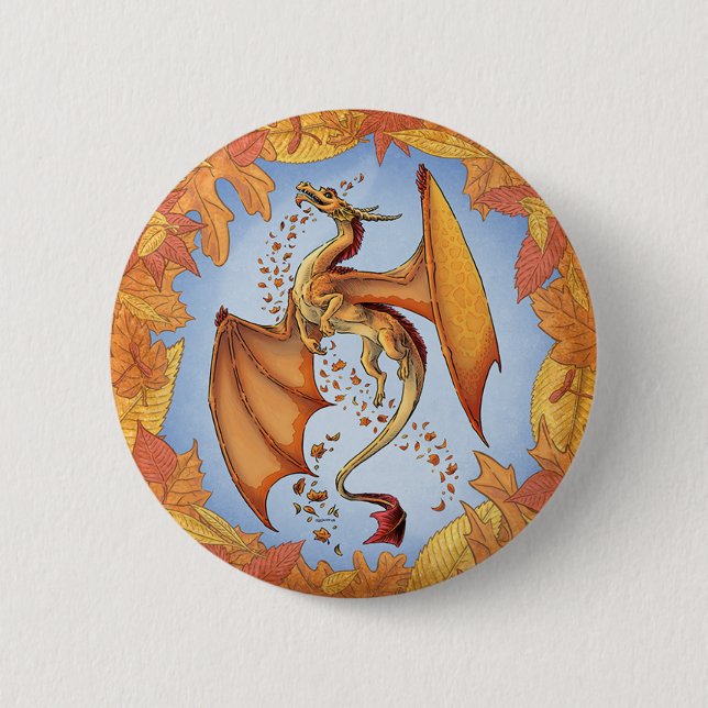 Orange Dragon of Autumn Nature Fantasy Art Button (Vorderseite)