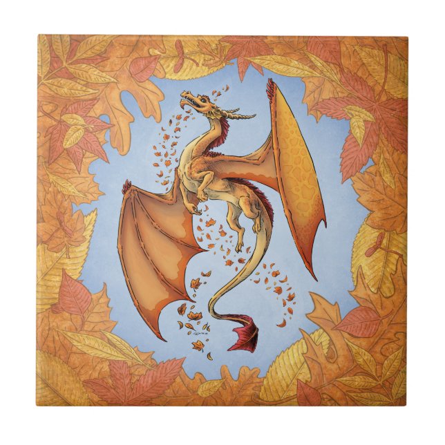Orange Dragon of Autumn Nature Fantasy Art Fliese (Vorderseite)
