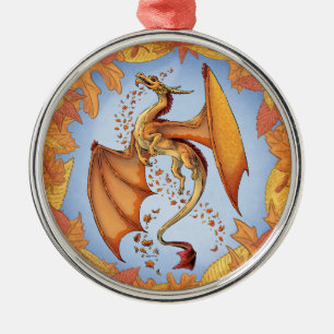 Orange Dragon of Autumn Nature Fantasy Art Silbernes Ornament