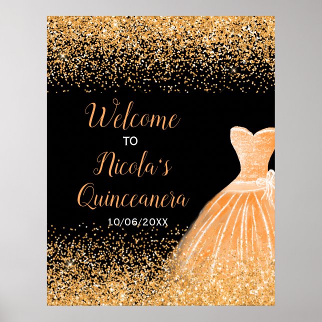 Orange Dress Imitats Glitzer Quinceanera Willkomme Poster (Vorne)