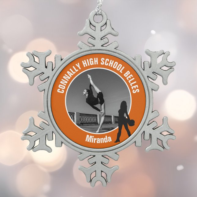 Orange Drill Team Photo High School Dancer Schneeflocken Zinn-Ornament (Von Creator hochgeladen)