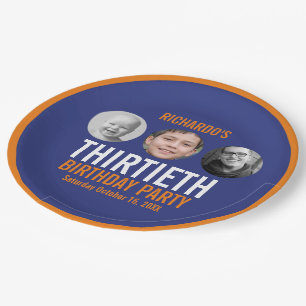Orange dunkelblau 30. dreißig 3 Fotos Geburtstag Pappteller