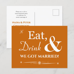 Orange Eat Drinks Wir Got Verheiratet Retro Elopem Postkarte