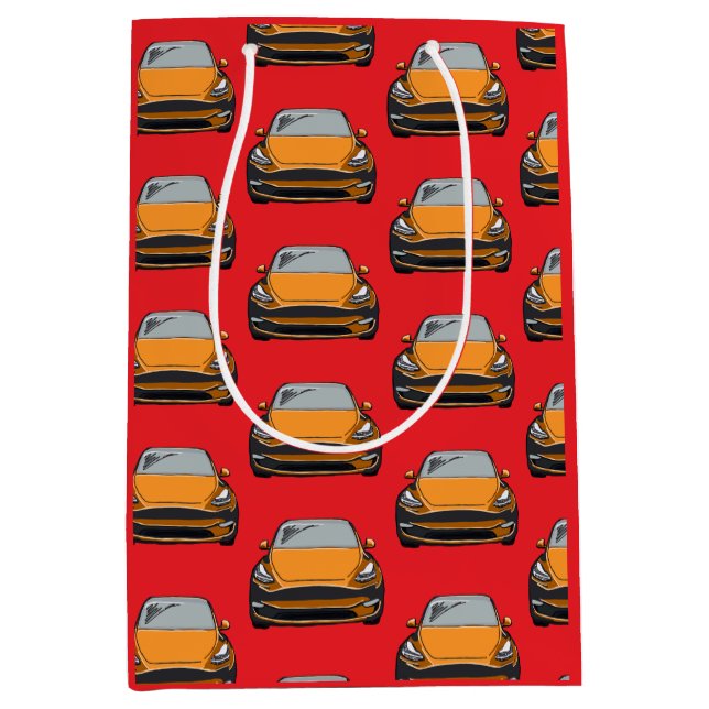 Orange Electric Vehicle SUV Car Red Background Mittlere Geschenktüte (Vorderseite)