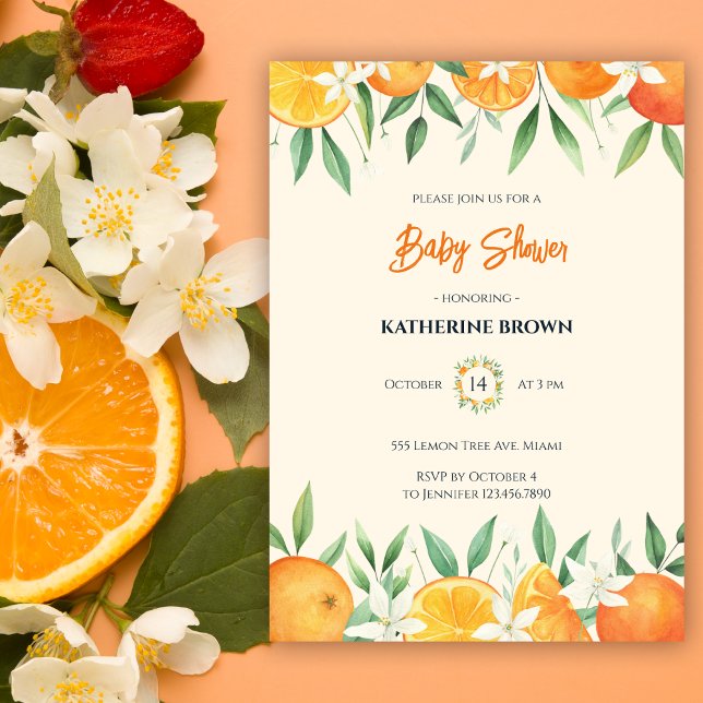 Orange Elegant Citrus Botanical Baby Shower Einladung (Von Creator hochgeladen)