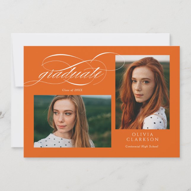 Orange Elegant Script 3 Foto Graduation Party Einladung (Vorderseite)