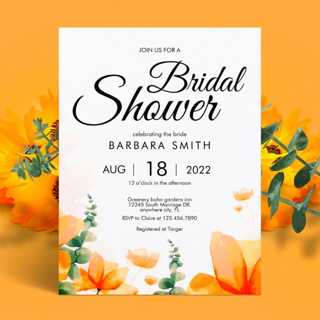 Orange Elegant wildflower floral bridal shower Postkarte (Von Creator hochgeladen)