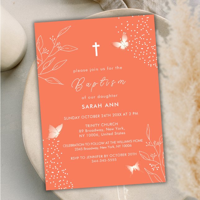 Orange elegante Blätter Butterfly Cross Taufe Einladung (Orange Elegant Leave Butterfly Cross Baptism Invitation)