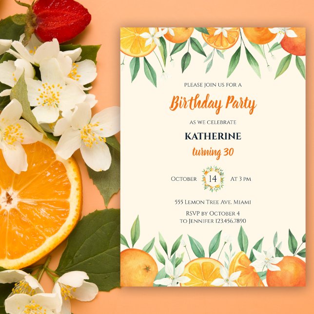 Orange Elegante Citrus Botanical Birthday Party Einladung (Von Creator hochgeladen)