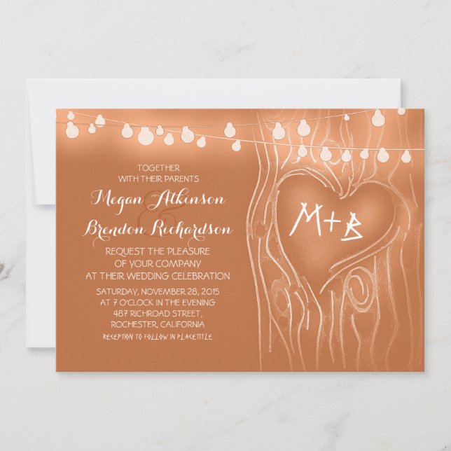 Orange elegante Lichter Baum romantische Hochzeit Einladung (Vorderseite)