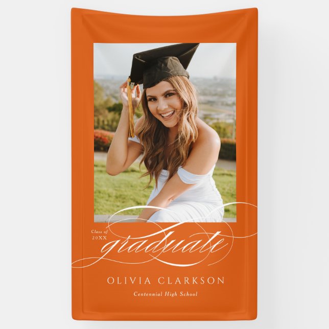 Orange Elegante Script Abschluss Foto Party Banner (Vertikal)