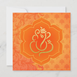 Orange Ethnic Damask Gold Ganesh Indian Wedding Einladung
