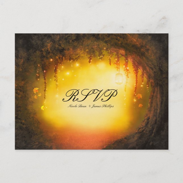 Orange Fall Rustikale, verzauberte Waldhochzeit RS Einladungspostkarte (Vorderseite)