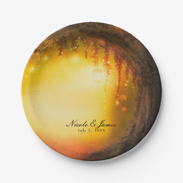 Orange Fall Rustikaler verzauberter Empfang Pappteller (Vorderseite)