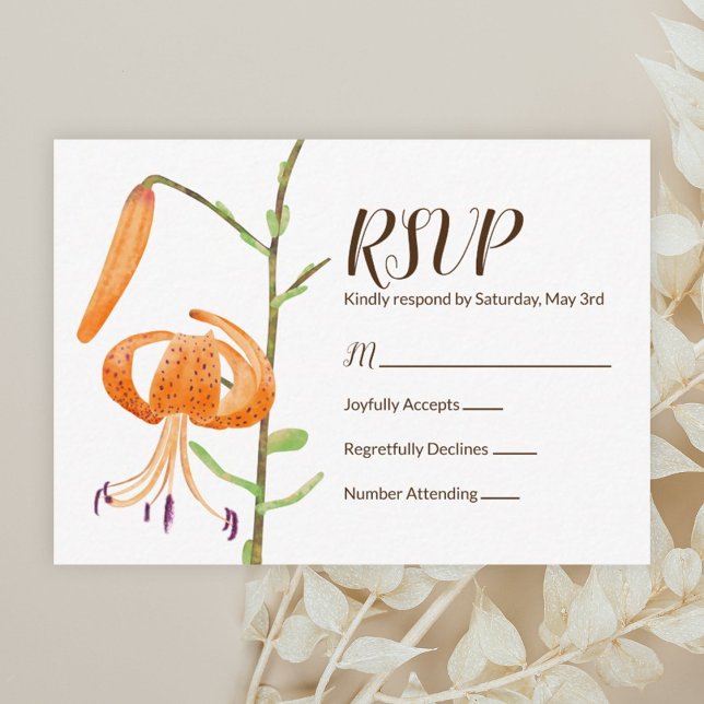 Orange Fall Tiger Lilies Wedding RSVP Card Hinweiskarte (Orange tiger lily, fall wedding rsvp card)
