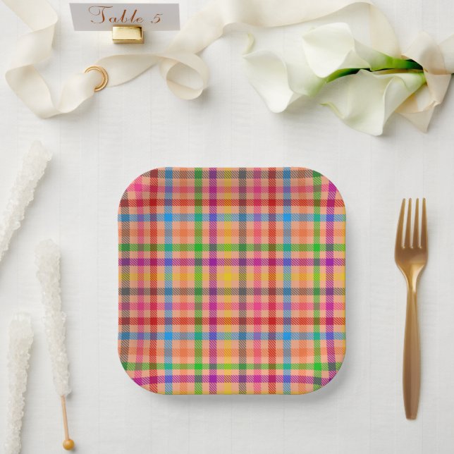 Orange Farbige Gingham Karo Muster  Pappteller (Hochzeit)