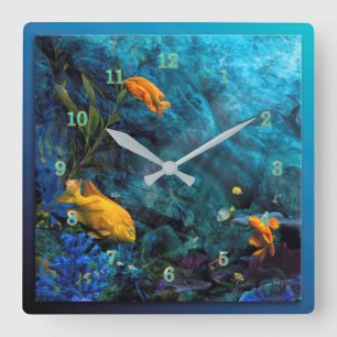 ORANGE FISH BLAUE OCEAN QUADRATISCHE WANDUHR