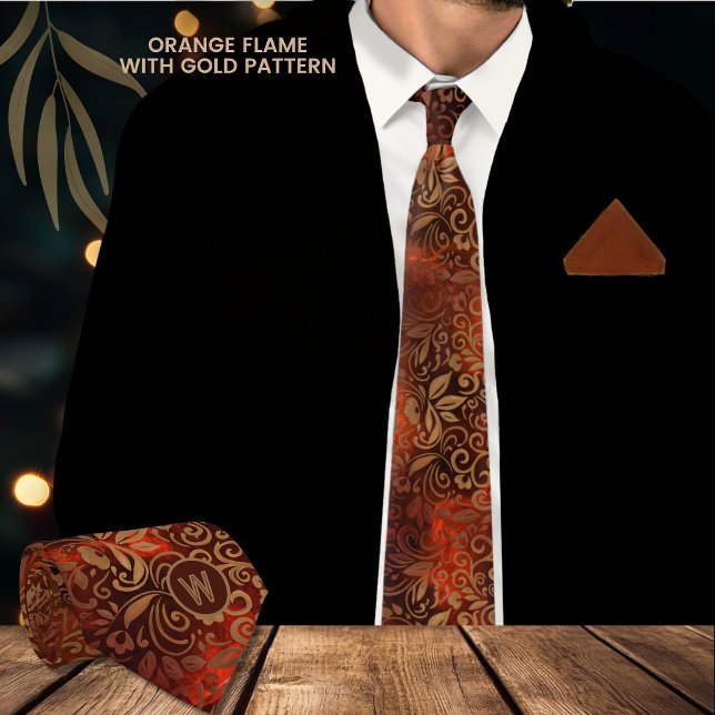 Orange Flame Necktie mit goldenem Blumenmuster Krawatte (Orange Flame Necktie with Gold Floral Pattern )