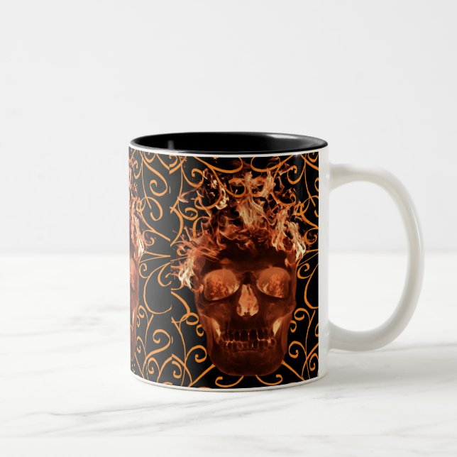Orange Flame Skull-Tasse Zweifarbige Tasse (Rechts)